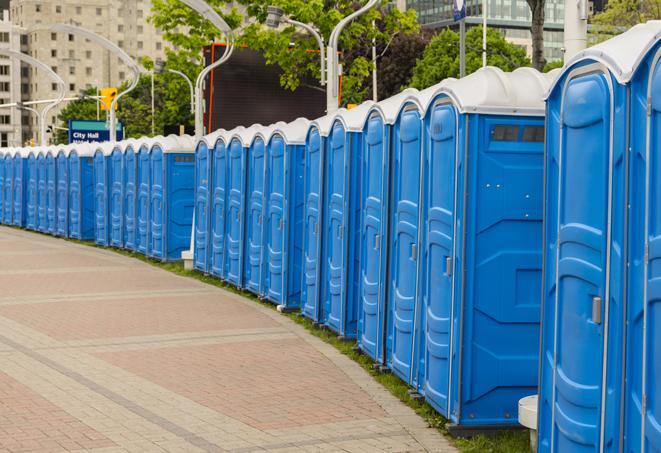 a row of portable restrooms at a fairground, offering visitors a clean and hassle-free experience in maple